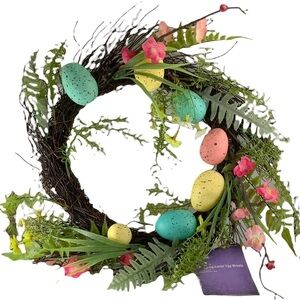 Spring Easter Egg Wreath 22” GrapeVine Stippled Pastel Eggs Spring Flowers